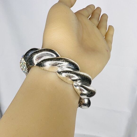 Vintage Aurora Borealis AB Rhinestone Pave Silver Clamper Bracelet Dazzling 4755 - Picture 5 of 14